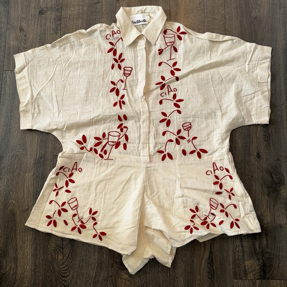 indikah Womens L Cream Linen Romper Embroidered Ciao Wine Euro Summer Playsuit